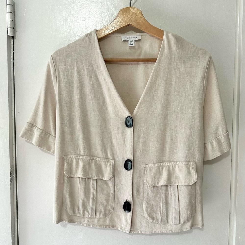 Topshop Beige Linen Button-up Blouse